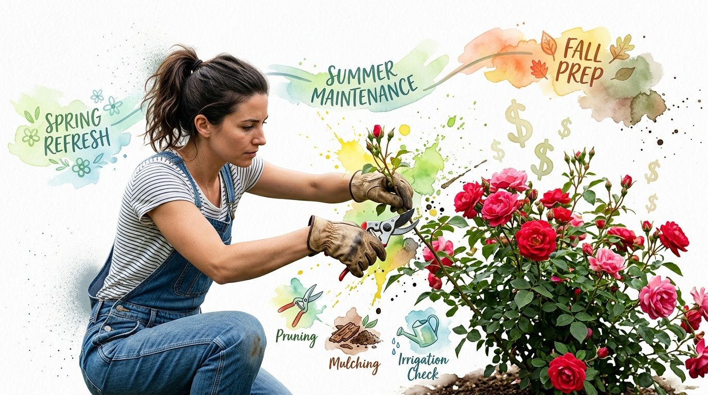 A woman in overalls pruning a vibrant rose bush with tools and gardening steps illustrated nearby.
