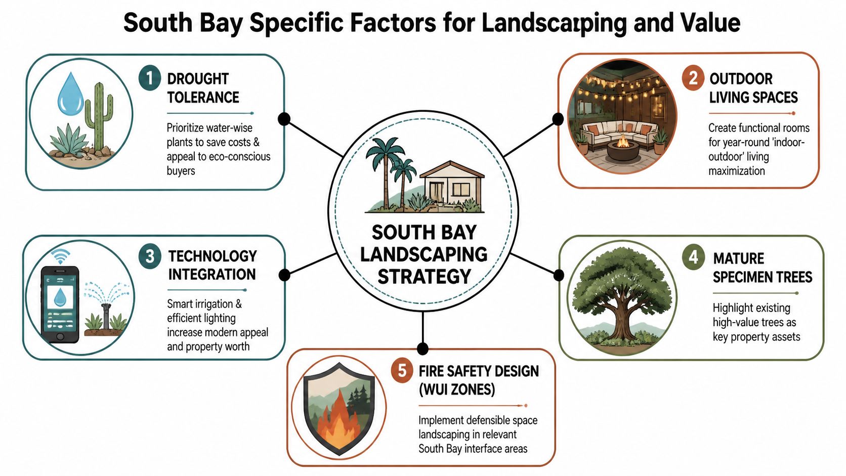 A diagram outlining five key landscaping strategies to increase home property value in the South Bay region.