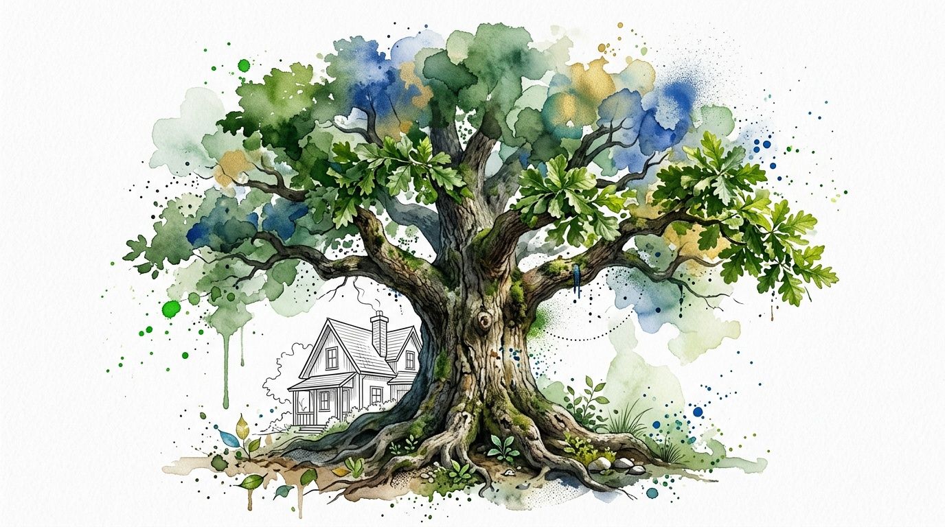 A watercolor painting featuring a large, majestic oak tree growing around a small, sketched suburban house.