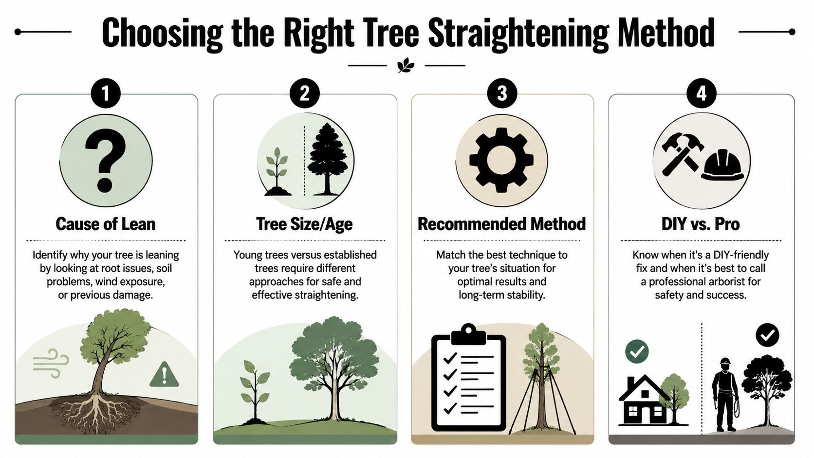 An infographic illustrating four essential steps for choosing the right tree straightening method for leaning trees.