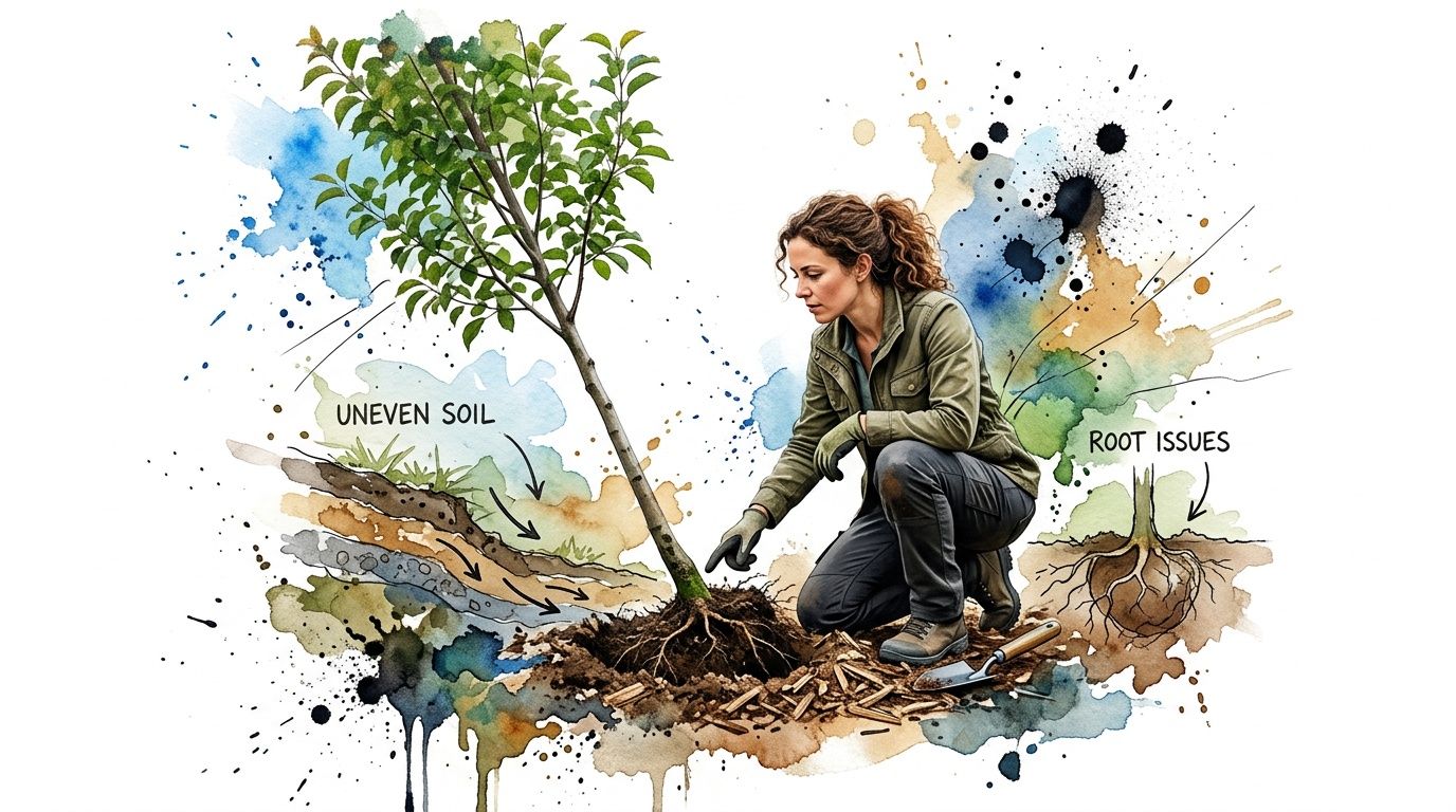 A woman gardener inspecting a tree showing uneven soil and root issues in a watercolor illustration.
