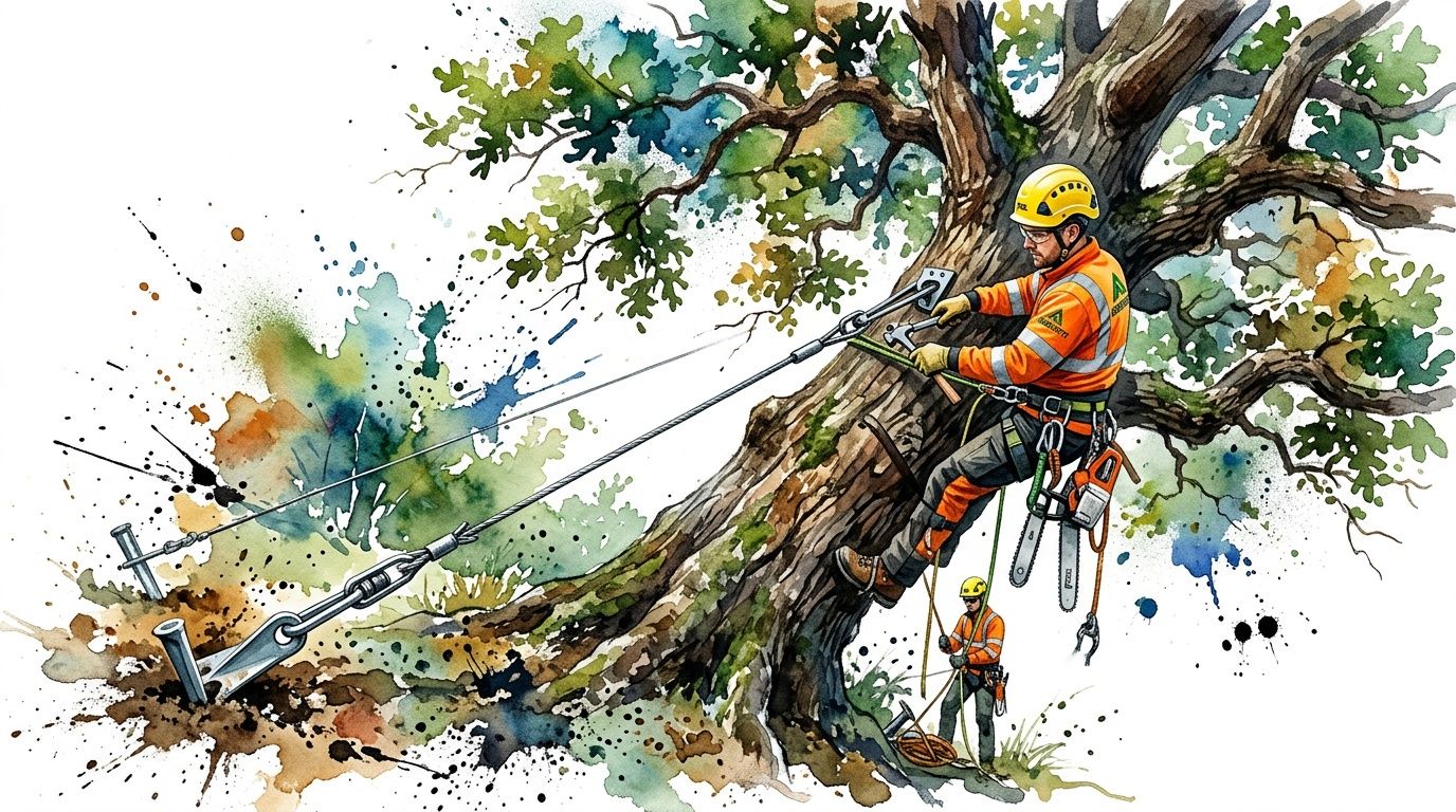 Arborist in safety gear working with cables and anchors to stabilize and straighten a large tree.