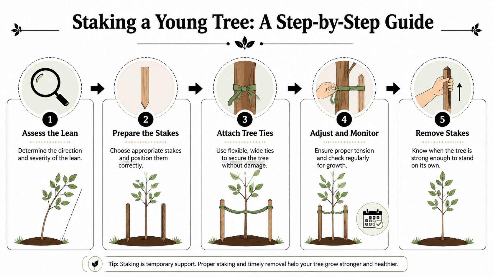 A five-step infographic showing the proper method for staking a young tree to help it grow straight.