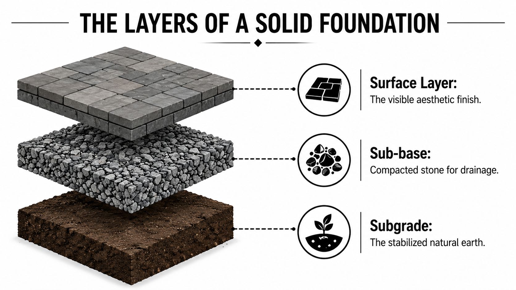 A diagram illustrating the three essential construction layers for a solid outdoor paving stone foundation.