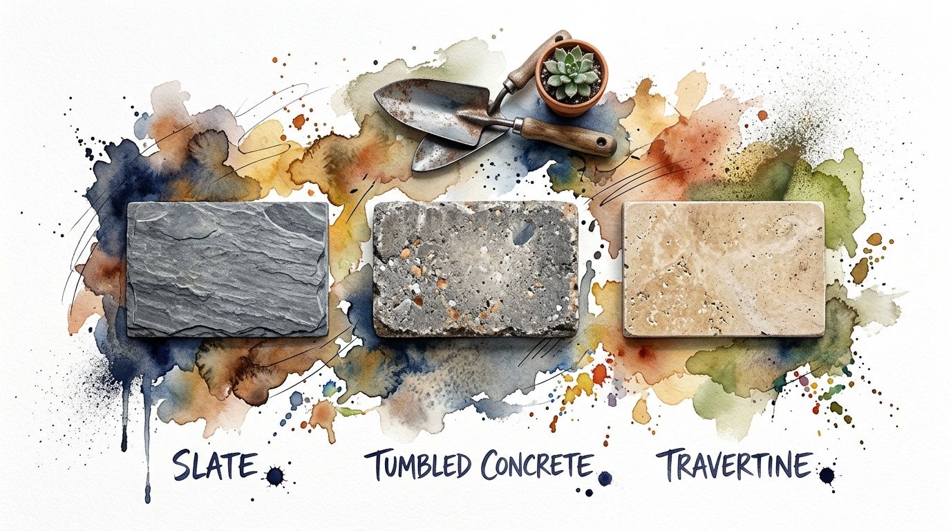 Three samples of paving materials: slate, tumbled concrete, and travertine, displayed on an artistic watercolor background.