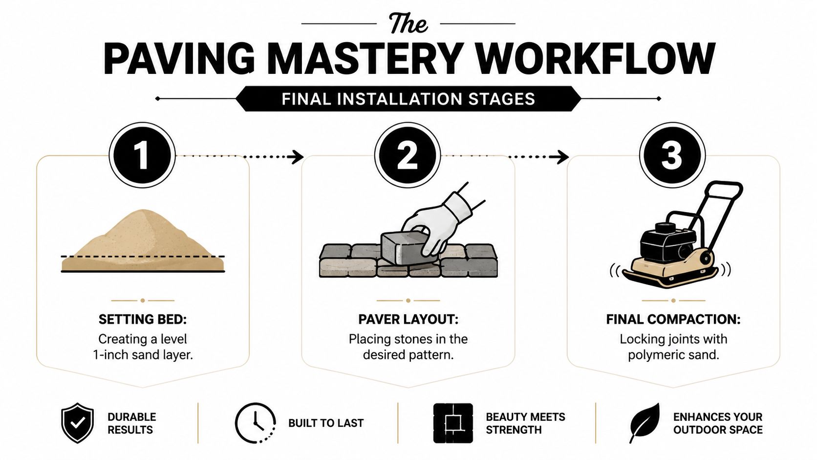 An infographic illustrating the three final stages of paving stone driveway installation: setting bed, paver layout, and compaction.