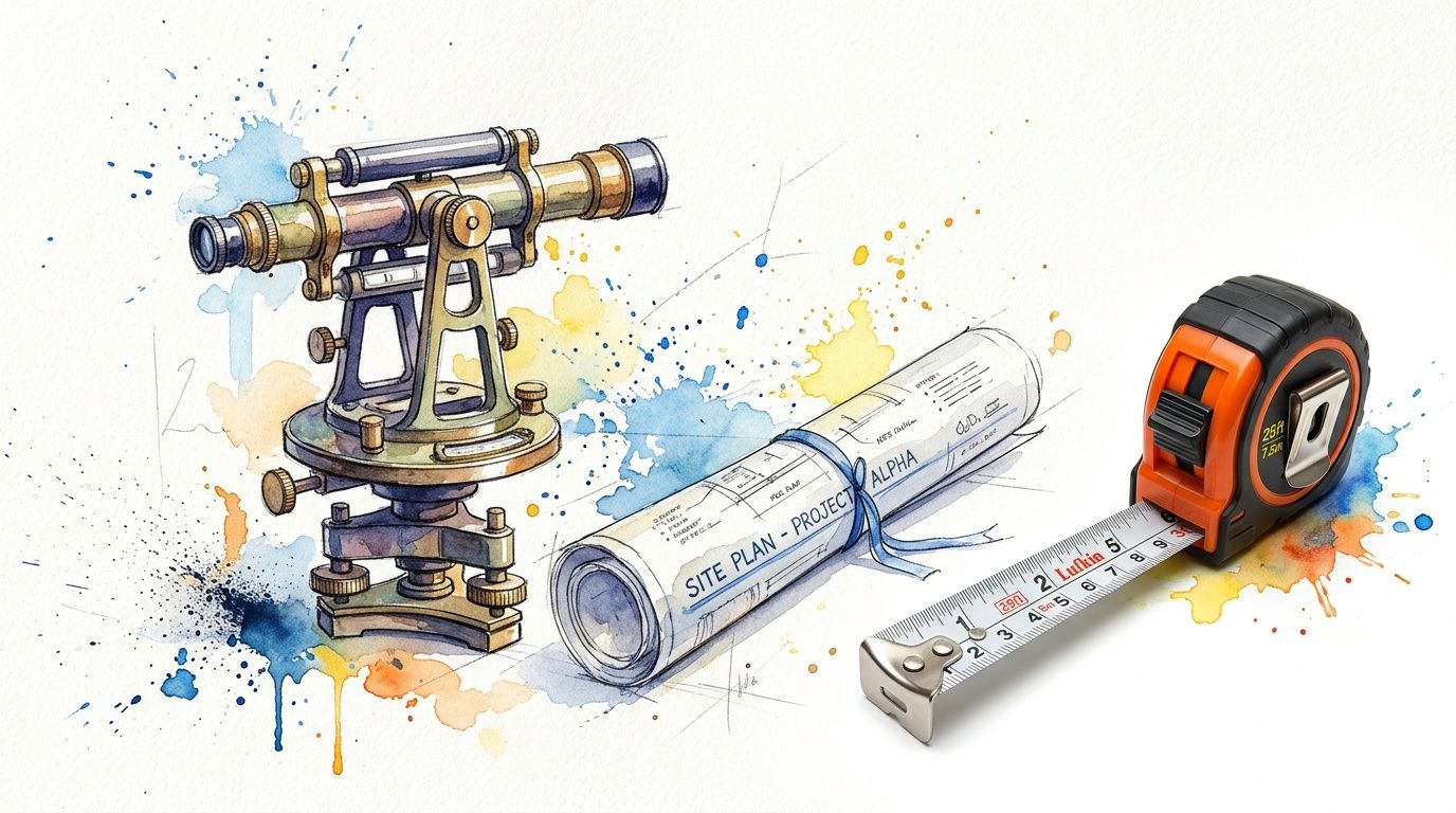 An artistic watercolor illustration featuring a surveyor's transit, a rolled site plan, and an orange tape measure.