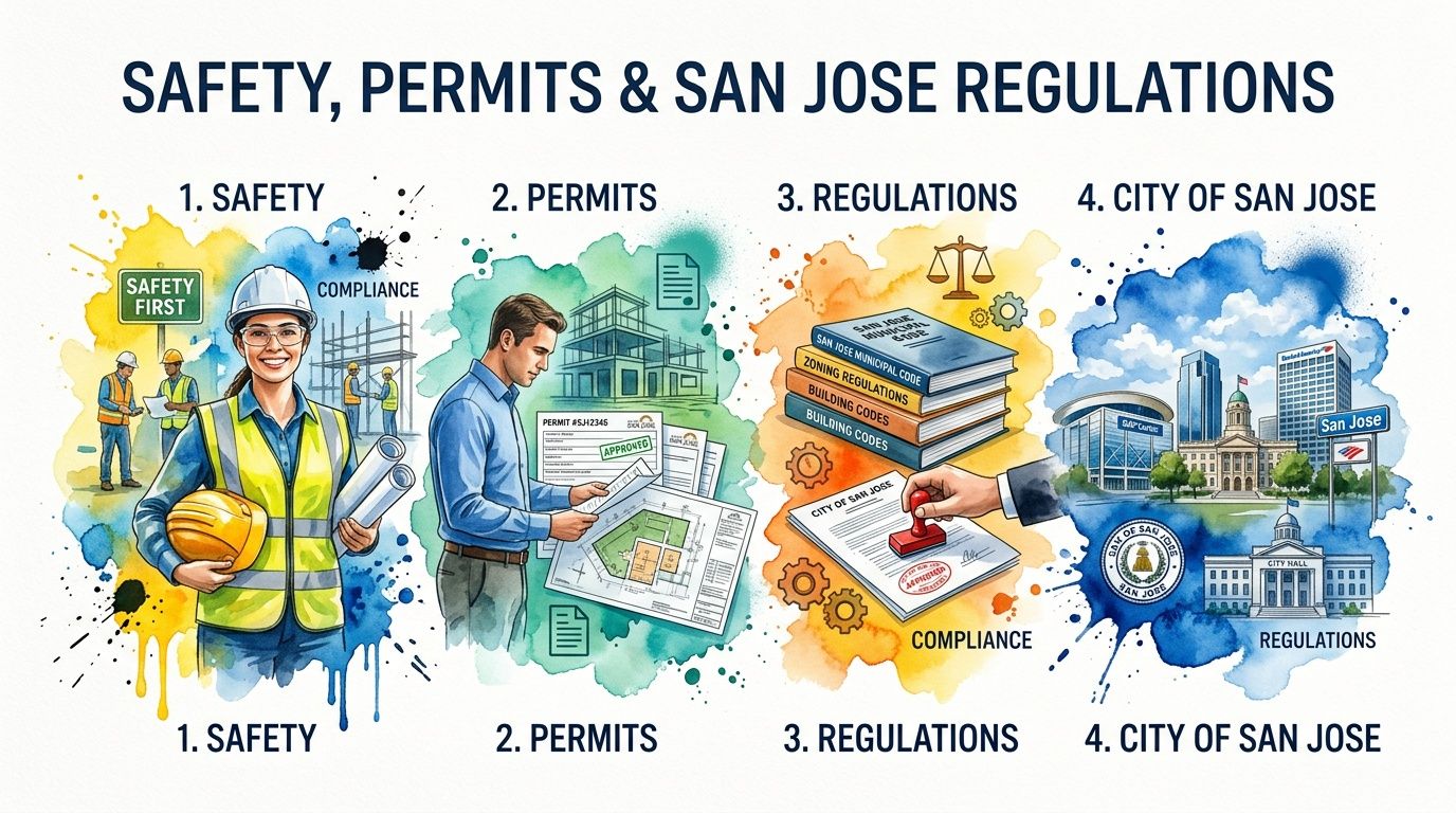 An infographic illustration detailing the process of construction safety, permits, and San Jose municipal regulations.
