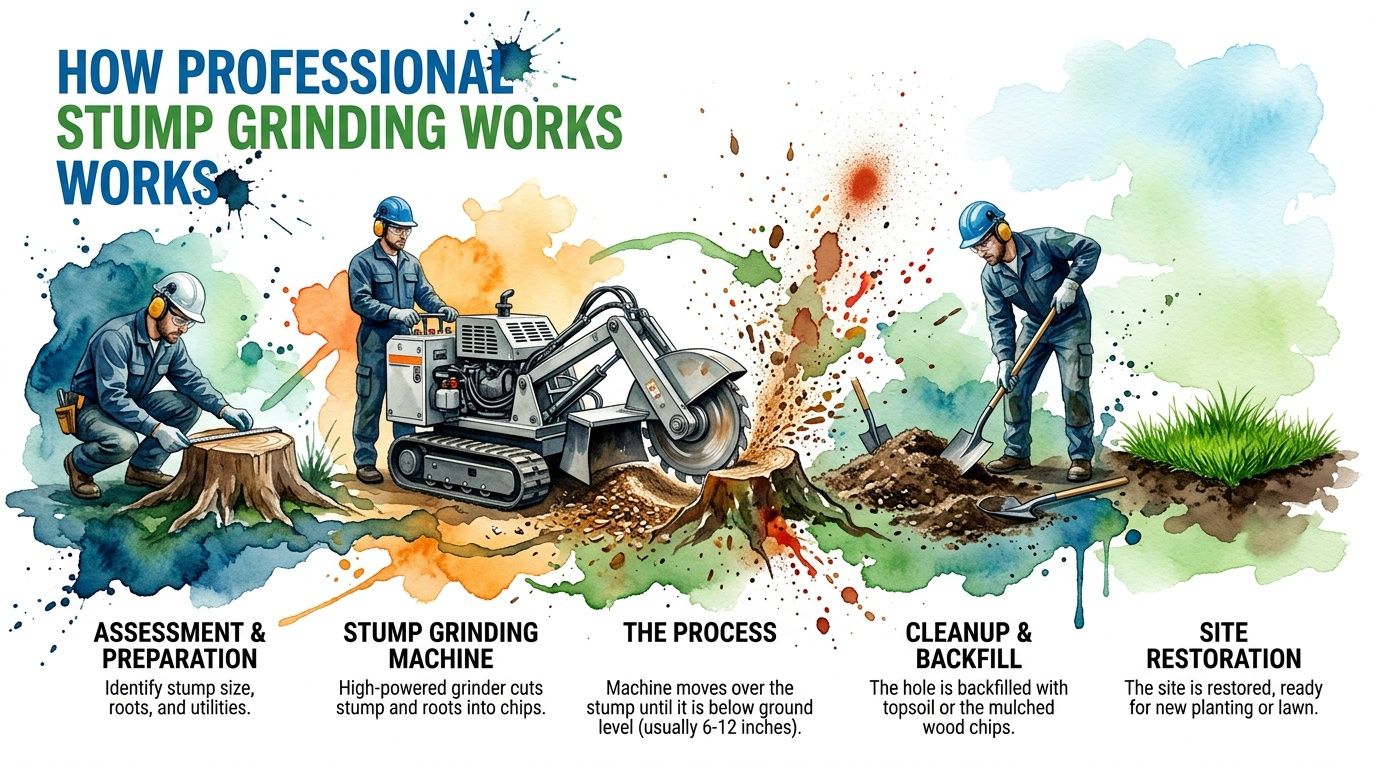 A step-by-step watercolor illustration showing professionals performing the tree stump removal and grinding process.