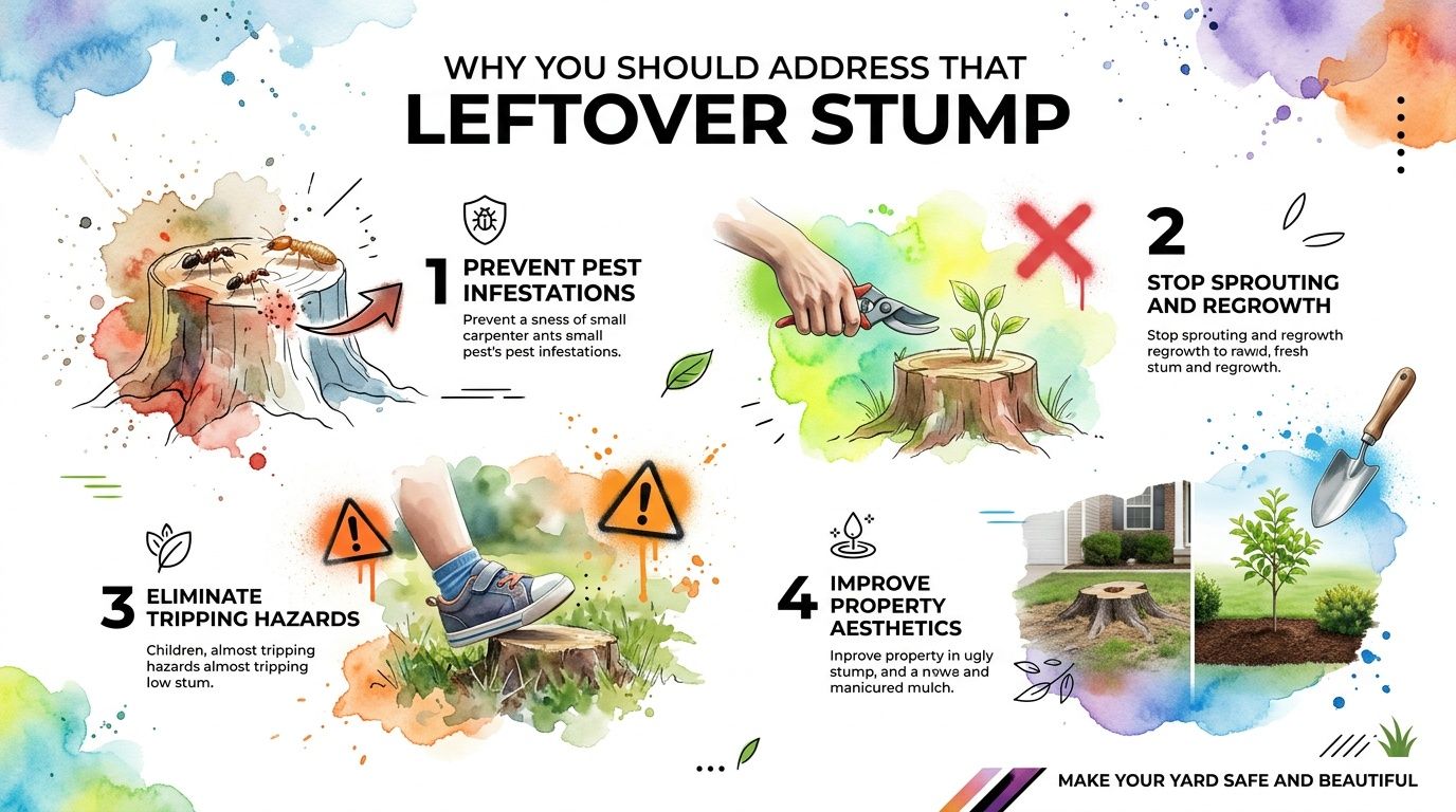 An infographic illustrating four important reasons to remove leftover tree stumps from your garden or yard.