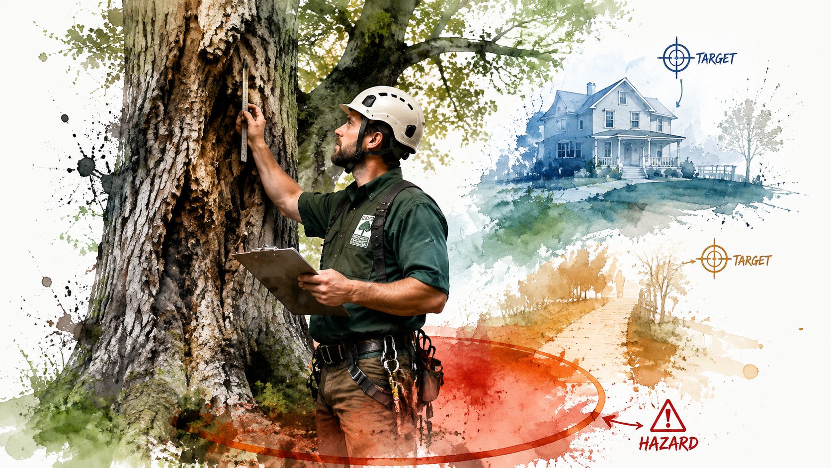 A professional arborist inspecting a damaged tree, evaluating risk to nearby buildings and walkways.