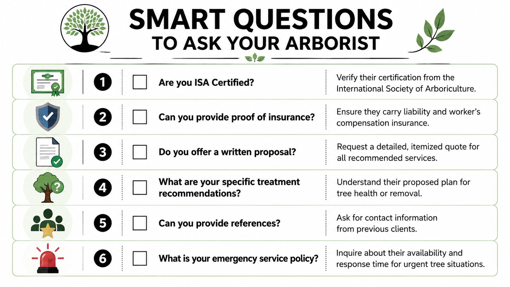 A checklist infographic titled Smart Questions to Ask Your Arborist, listing six essential inquiries for tree professionals.