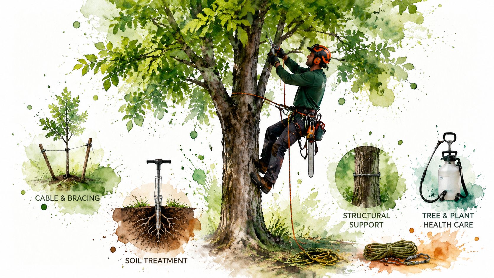 A professional arborist working in a tree surrounded by icons showing tree care services and tools.