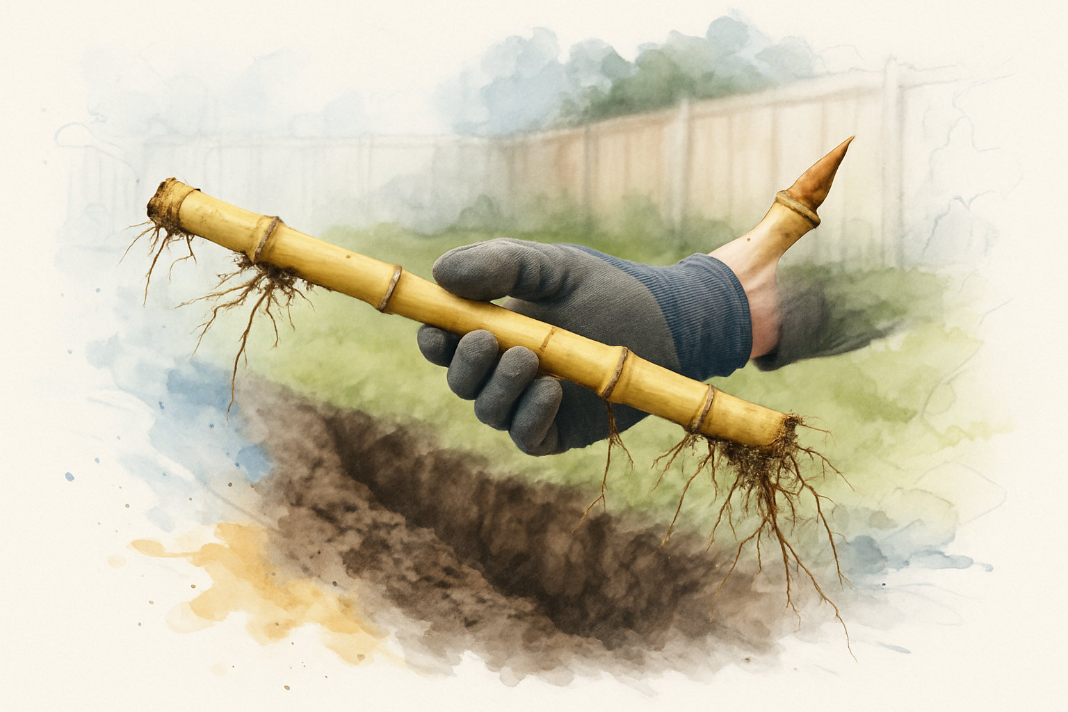 Excavated bamboo rhizome with a new bud held above a dug trench in a backyard