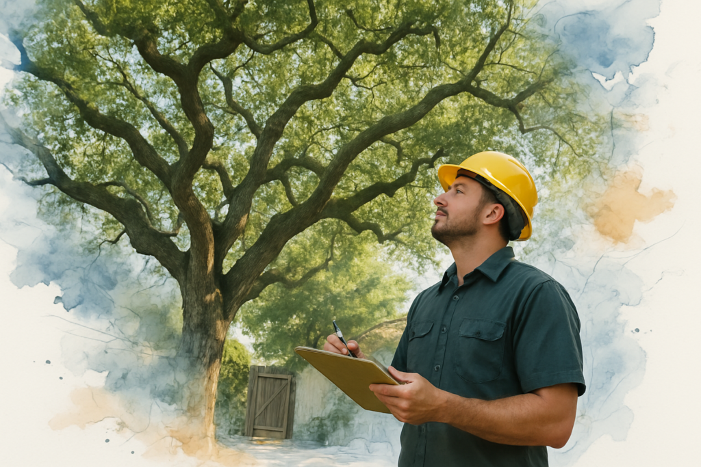 Arborist evaluating a mature coast live oak canopy in a San Jose residential backyard before