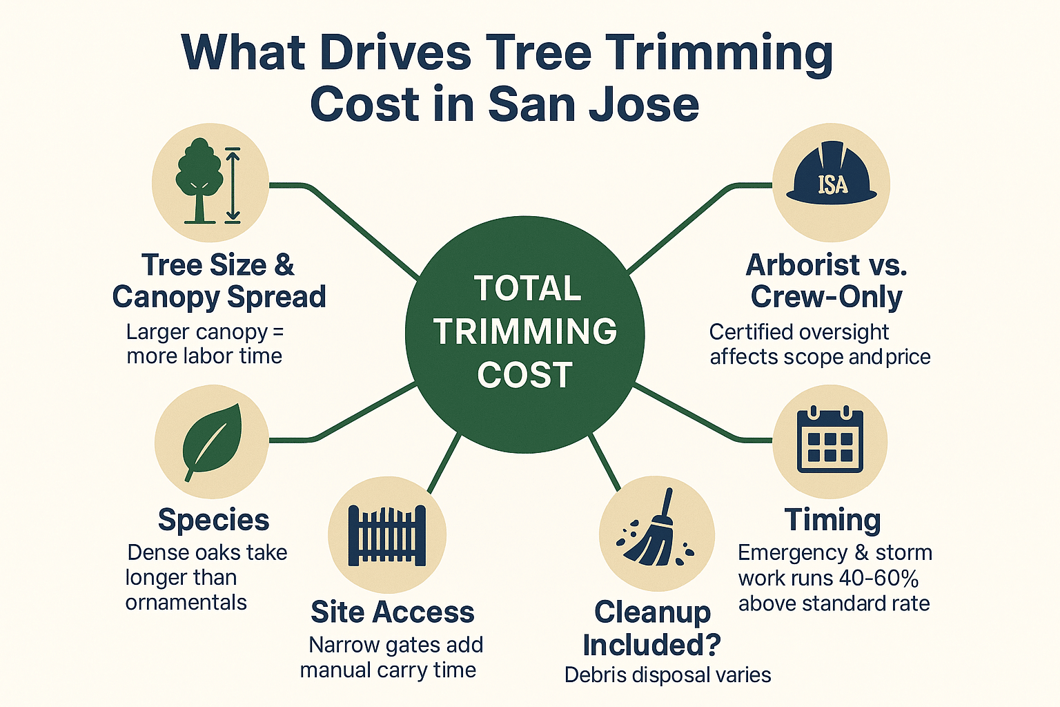 Infographic showing six factors that drive cost in San Jose, arranged in a hub-and-spoke layout