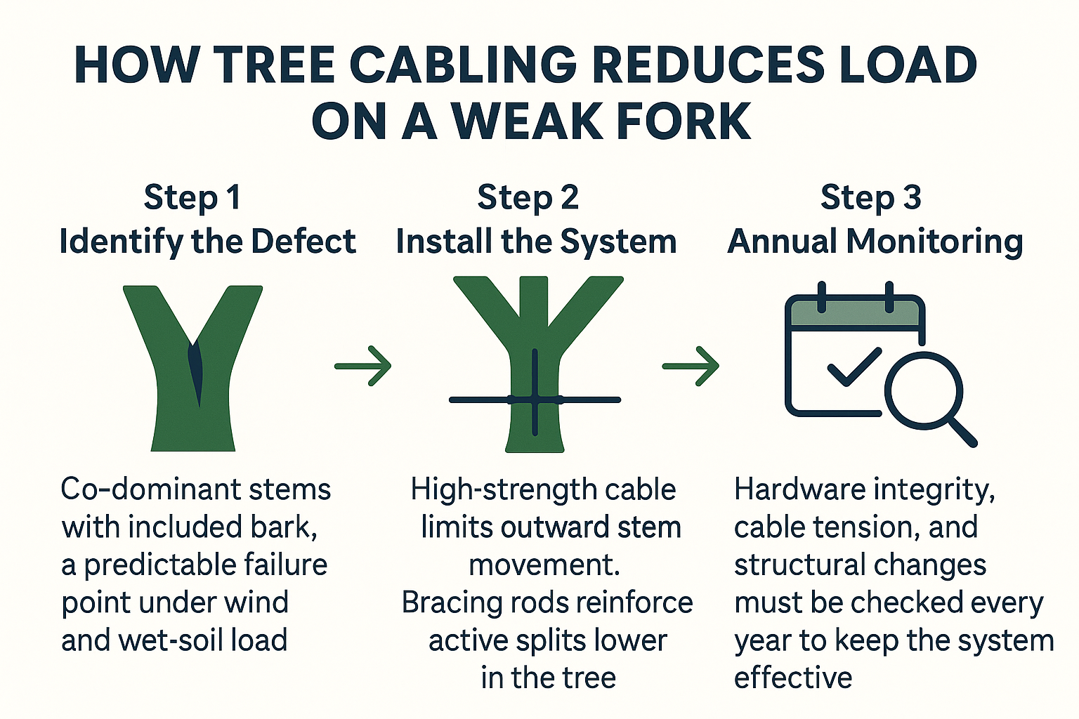 Infographic showing three steps of installation: identifying a co-dominant stem defect, installing cable and bracing, and annua