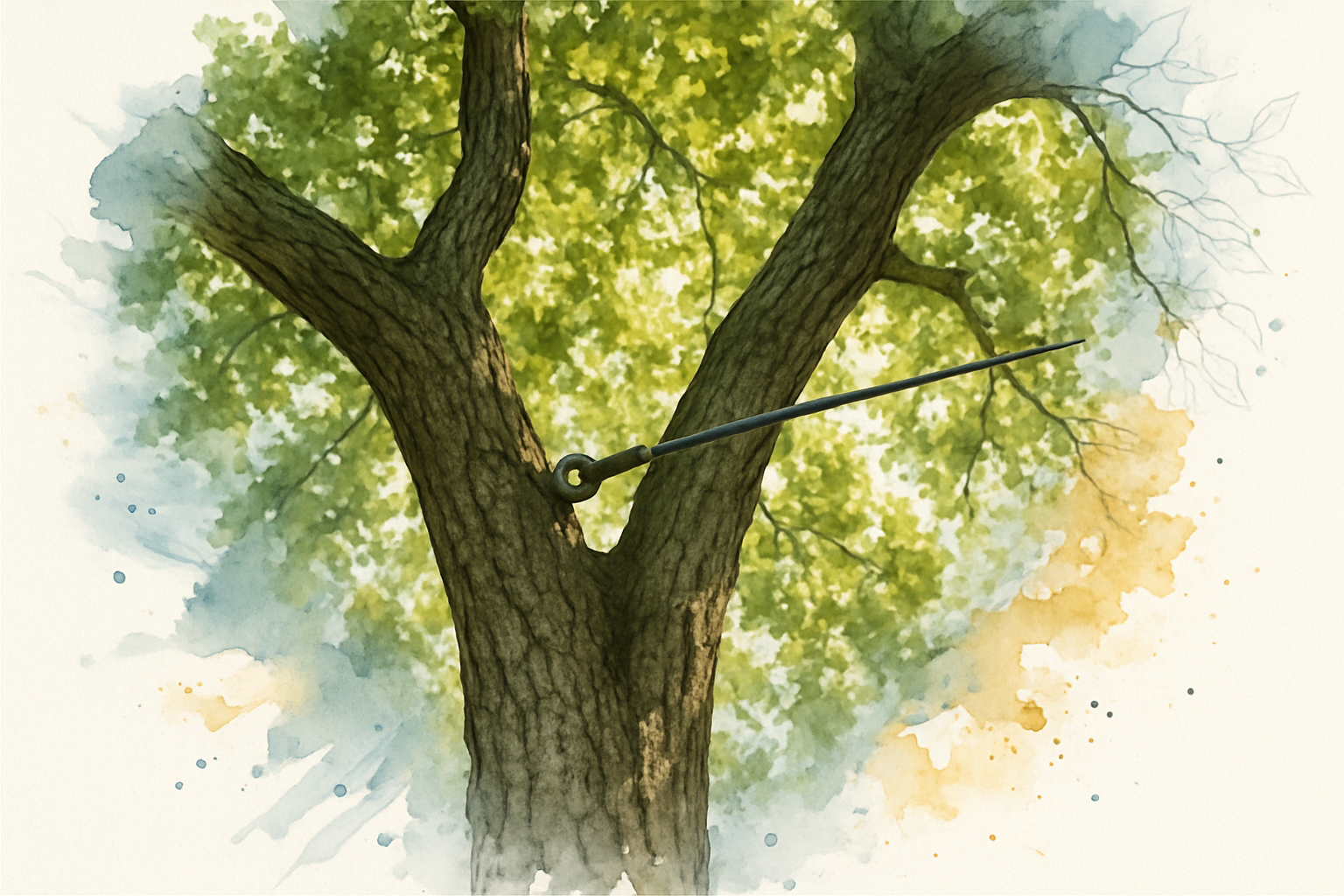 Two co-dominant oak stems with a steel support cable installed between them for structural reinforcement