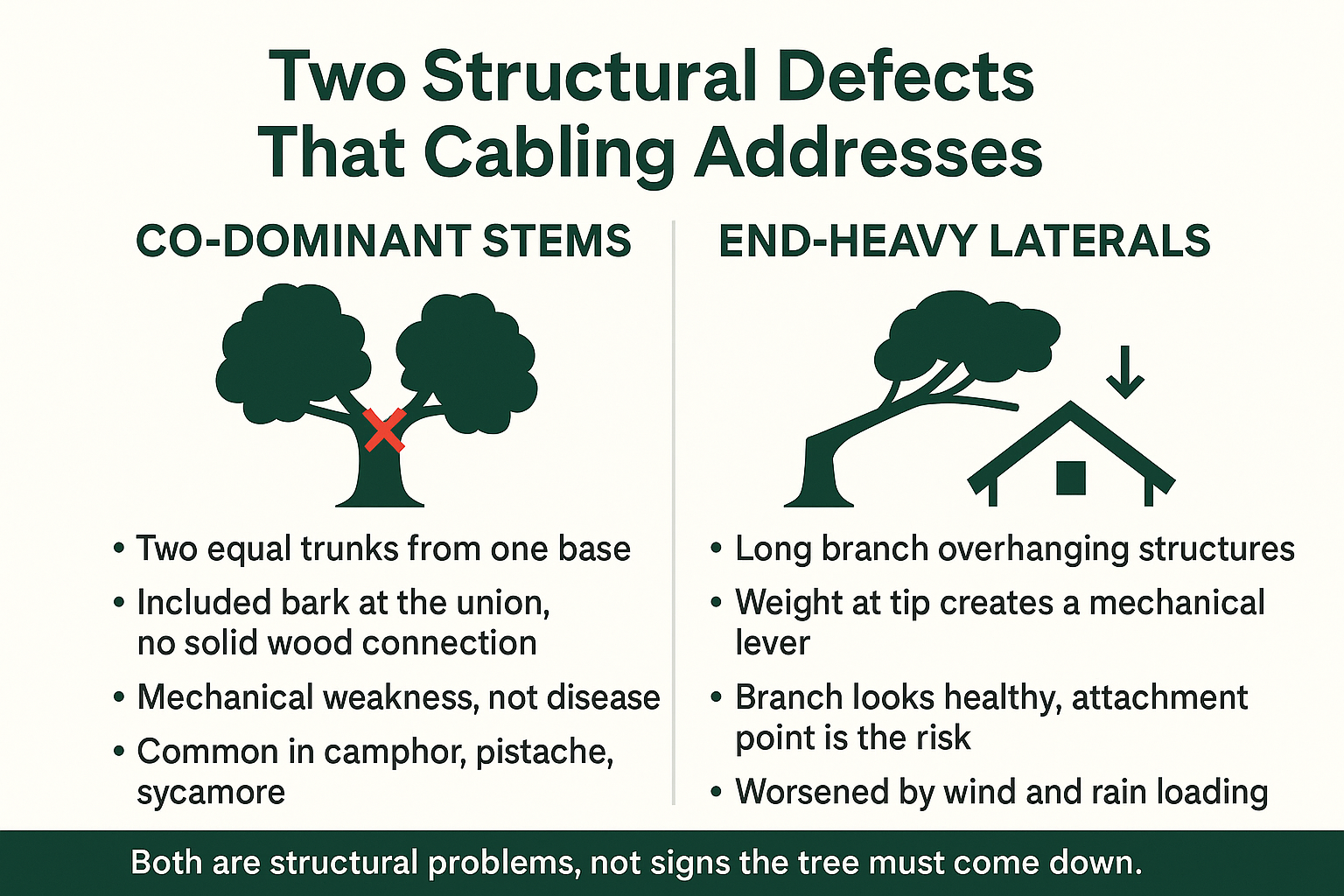 Infographic comparing co-dominant stem defects and end-heavy lateral branches, two structural issues addressed by.