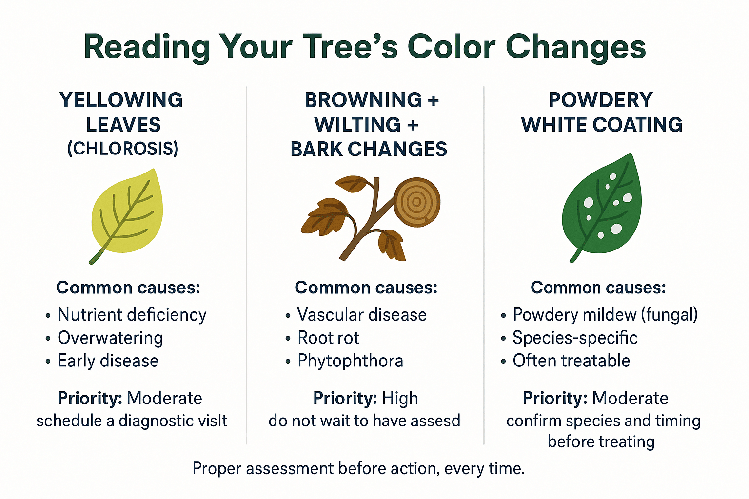 Infographic showing three tree symptom patterns, yellowing leaves, browning with bark changes, and powdery mildew, with diagnostic priority
