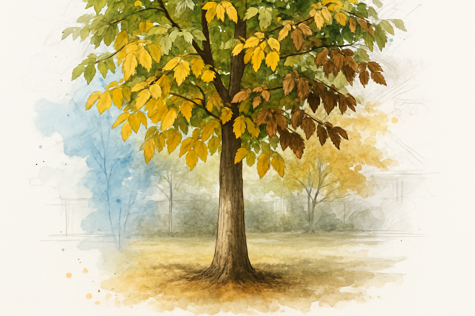 Mature backyard tree with yellowing and browning leaves and bark discoloration near the base