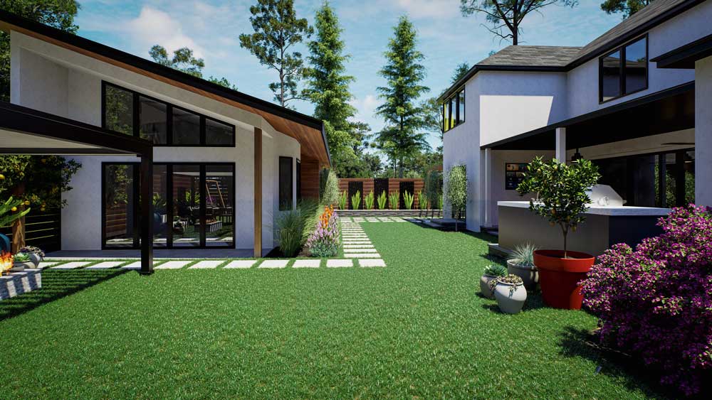 3D design concept render of the Willow Glen low-maintenance Mediterranean backyard