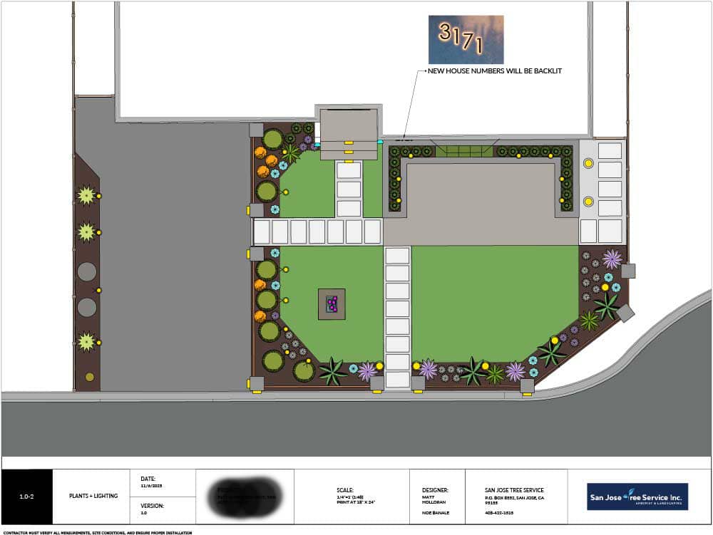 Design concept site plan for the San Jose front yard showing driveway, planting beds, turf, and drainage