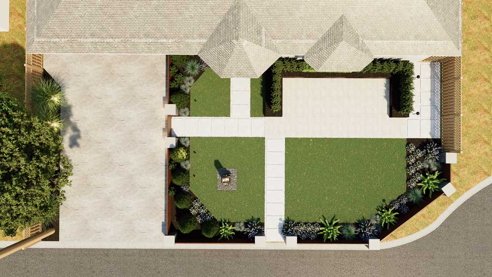 3D design concept render of the modern San Jose front yard landscape
