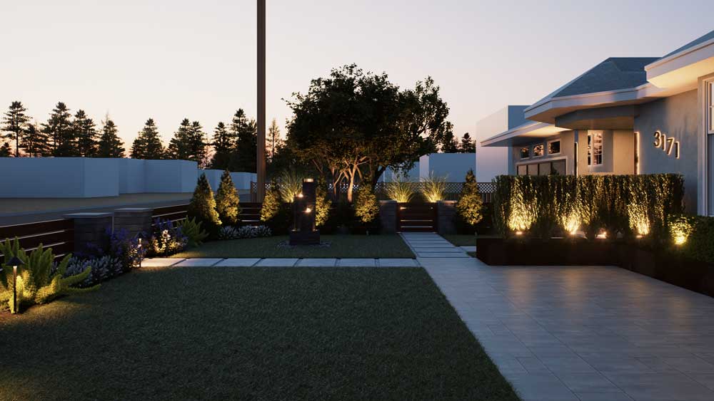 3D design concept render showing the front yard planting and lighting layout