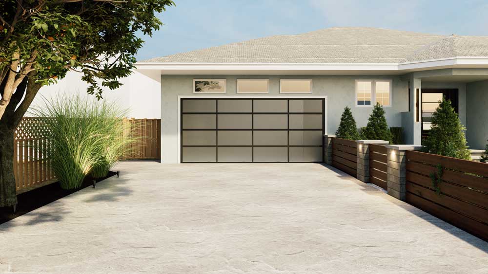 3D design concept render showing the modern cedar horizontal fence and paver columns