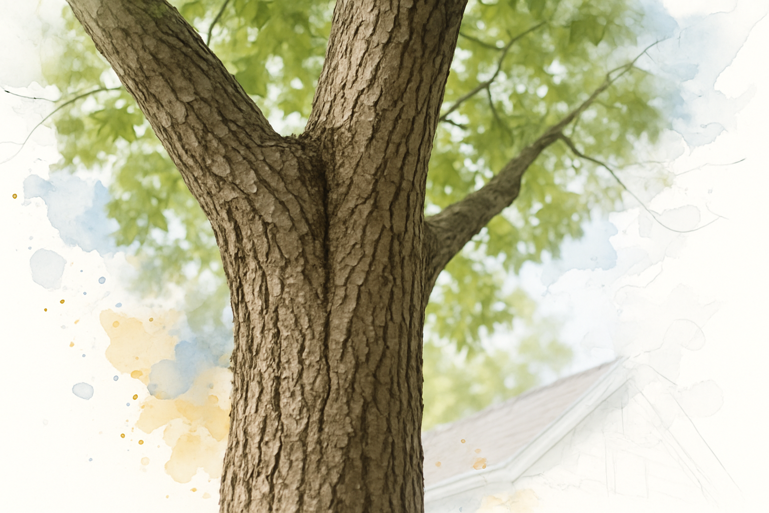 Tight V-shaped union between two co-dominant stems with included bark on a mature shade tree