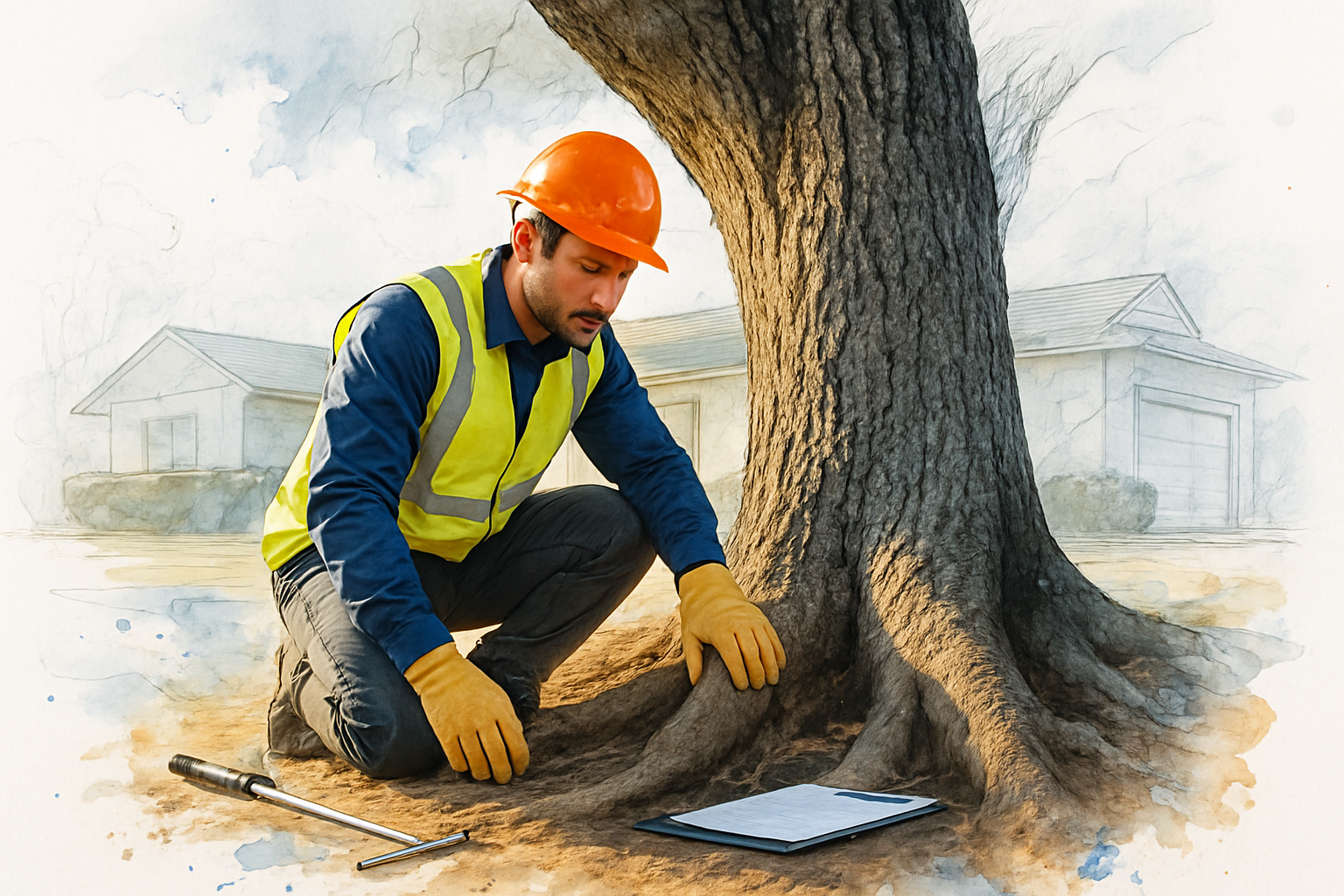 Arborist examining the exposed root flare of a mature oak during a before storm season