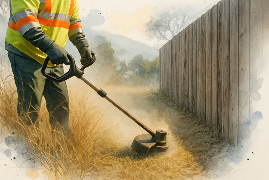 Trabajador cortando pasto seco alto junto a una cerca de madera durante la limpieza de maleza de temporada