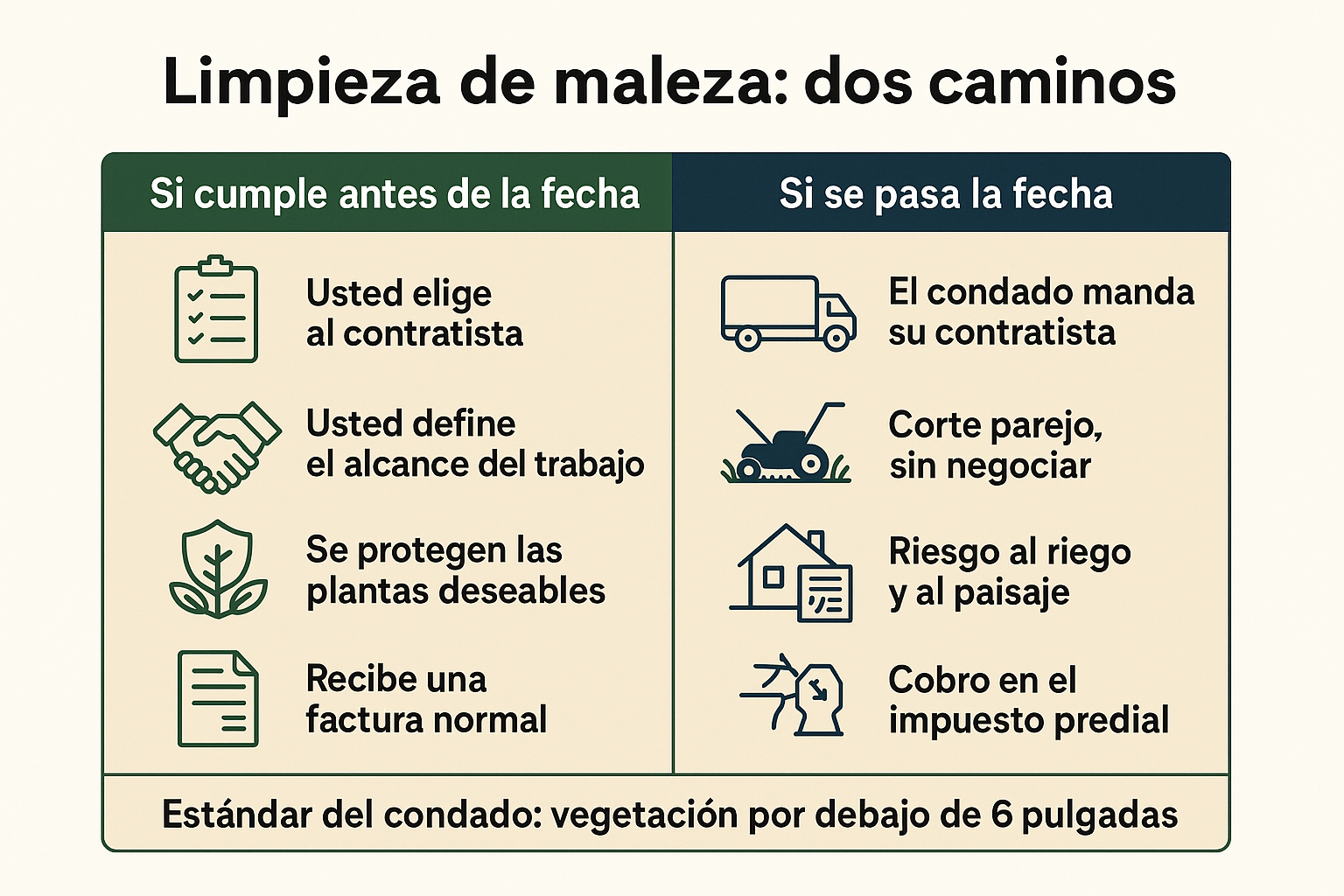Infografía que compara cumplir con la fecha de limpieza de maleza contra dejar que el condado haga el trabajo