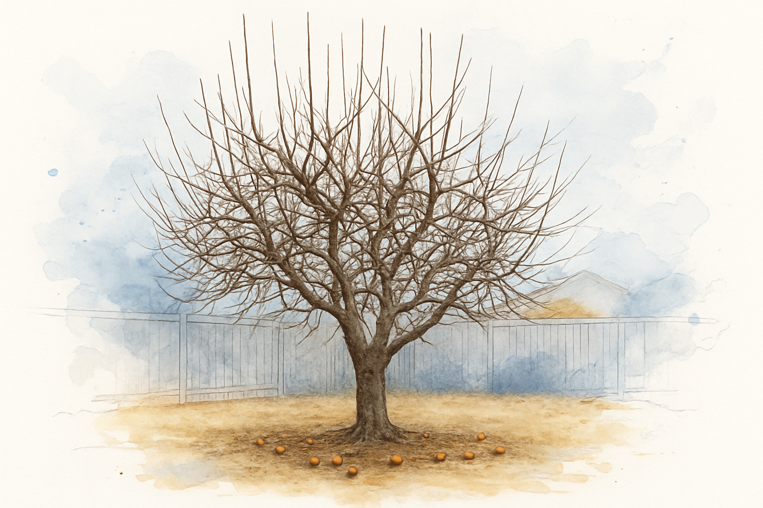 Bare apple tree in winter showing crowded crossing branches and vertical water sprouts from years without pruning