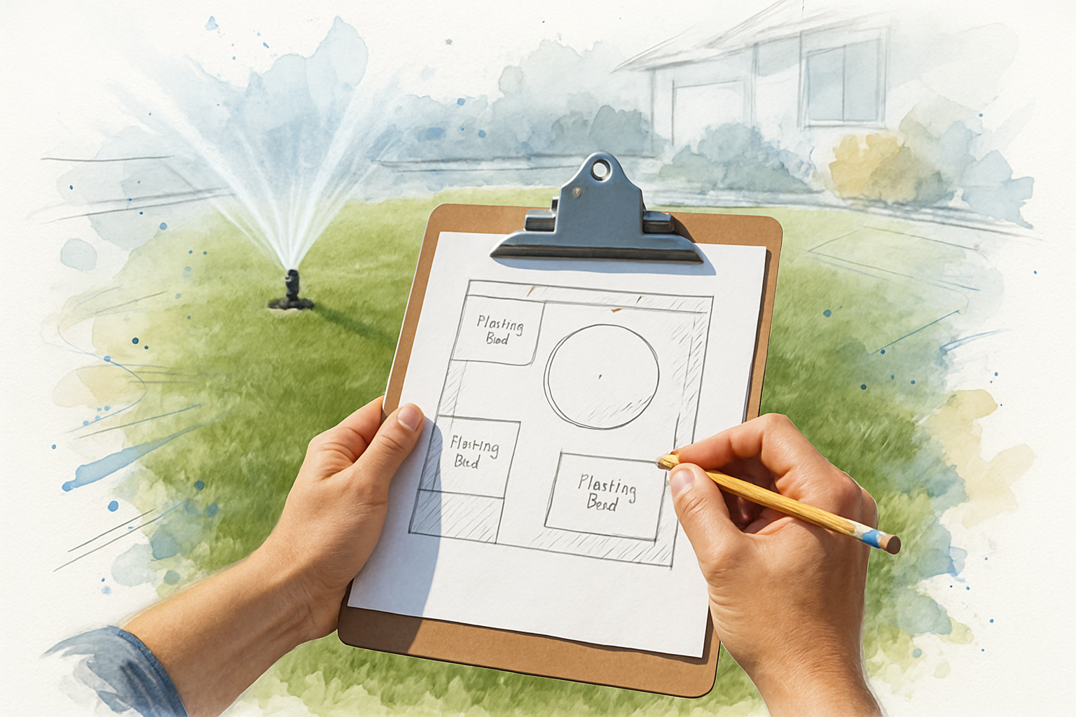 Hand-drawn front yard site plan held over an existing lawn before a rebate pre-inspection