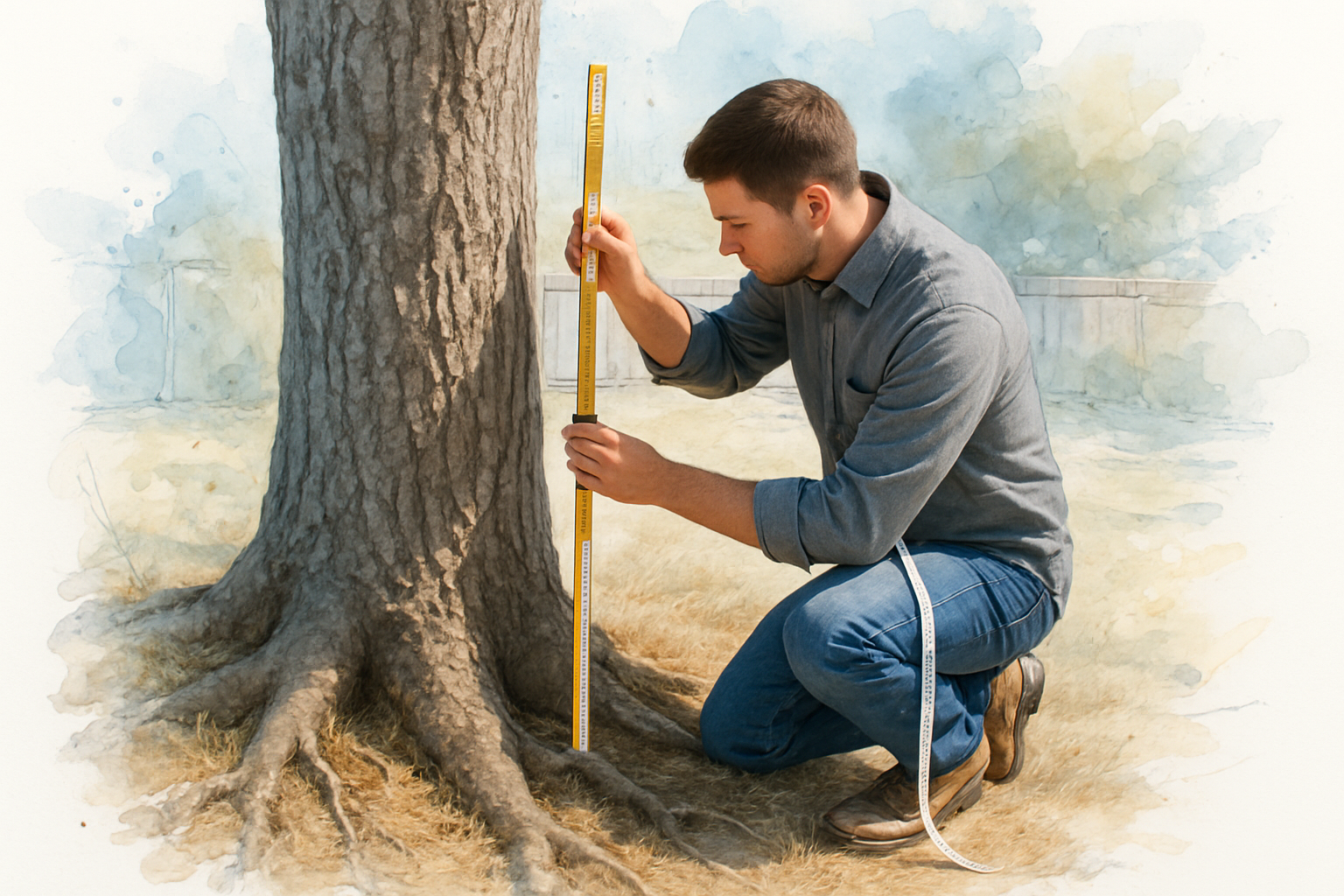 Person marking 4.5 feet up a tree trunk on a sloped yard before measuring trunk circumference