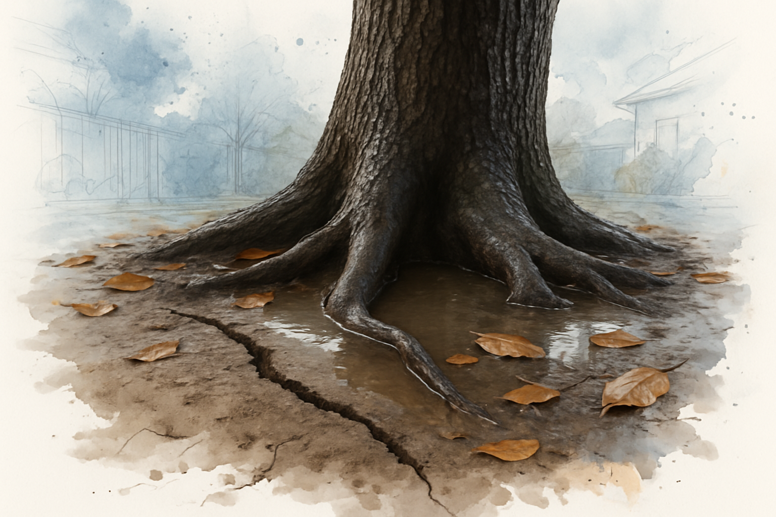 Cracked, mounded soil and standing water at the base of a mature tree trunk after heavy rain