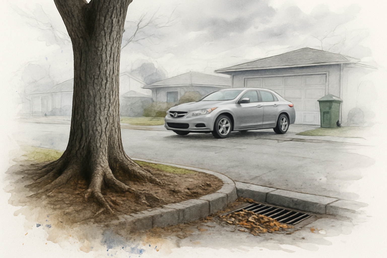 Base of a mature tree in wet clay soil beside a leaf-covered San Jose curb drain before a storm