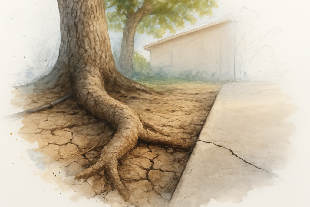 Mature tree root crossing dry cracked clay soil beside a home's concrete slab in San Jose