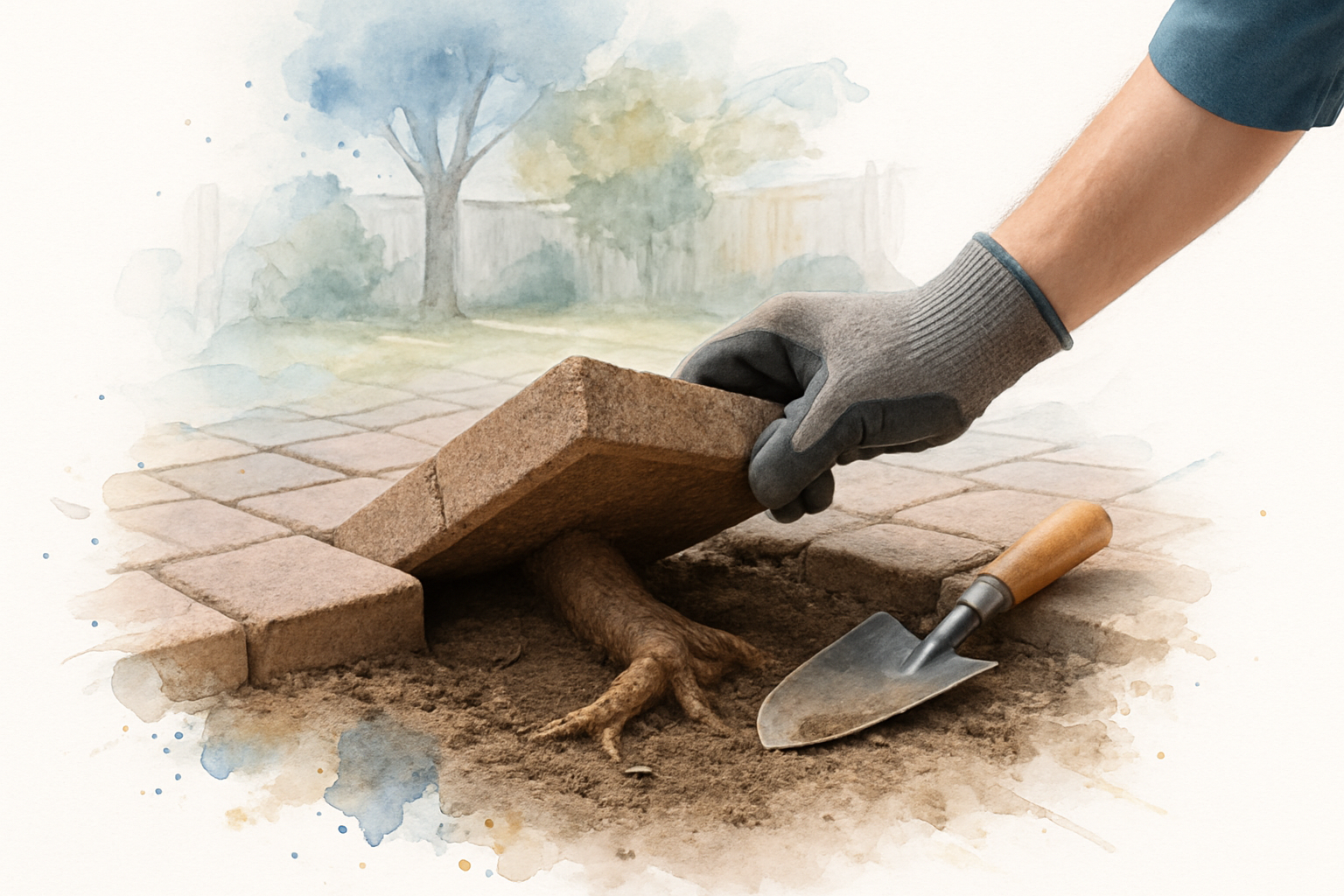Gloved hand lifting patio pavers to reveal a single tree root growing underneath in a backyard