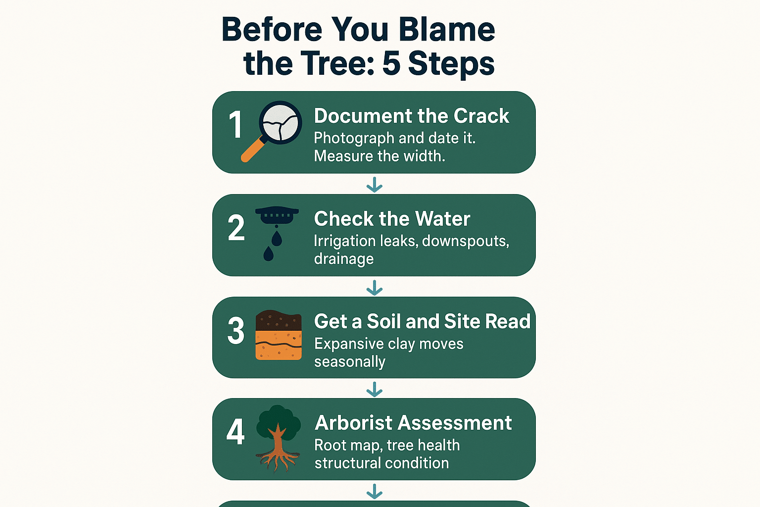 Infographic showing five steps to take before removing a tree over foundation concerns in San Jose