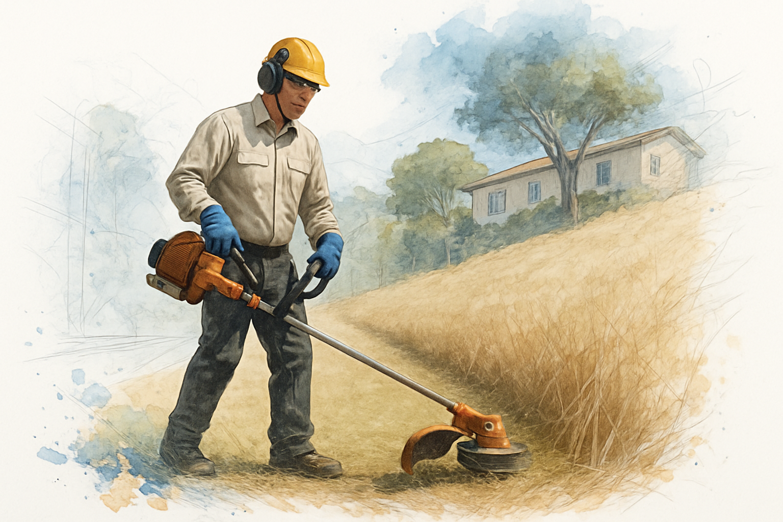 Worker in protective gear trimming tall dry grass low along a sloped residential property edge for fire safety compliance