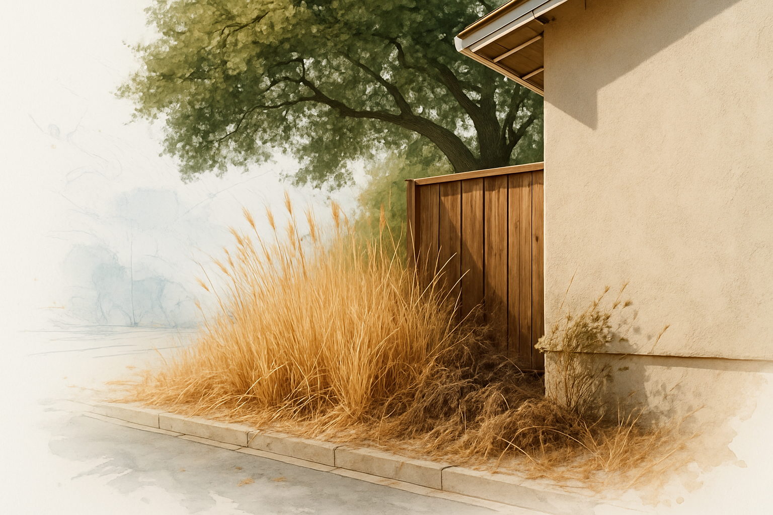 Dry golden grasses and brush growing against a fence and house wall, the kind of vegetation inspectors flag