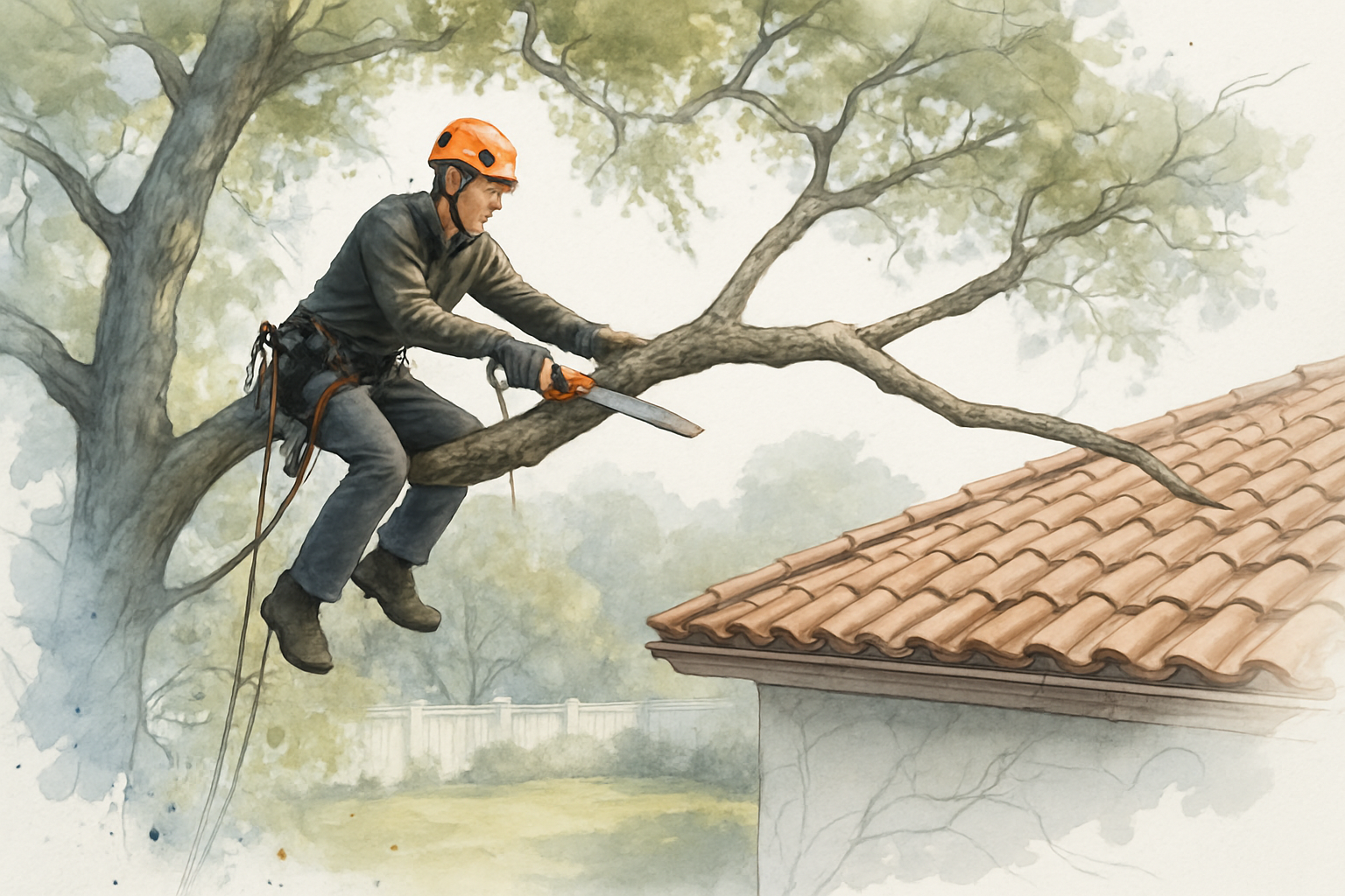 Climber making a targeted clearance cut on a limb extending over a tile roof of a South Bay home