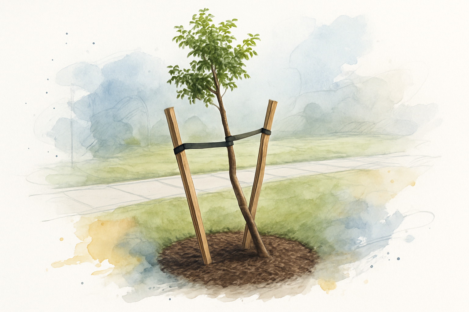 Young tree supported by two stakes and wide flexible straps to correct a lean in a front yard
