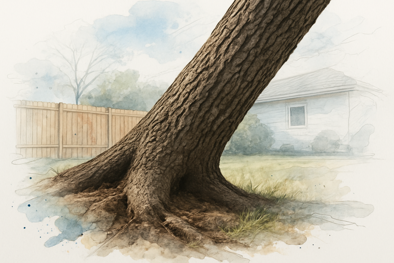 Base of a leaning mature oak with cracked, heaved soil around the root flare in a residential yard