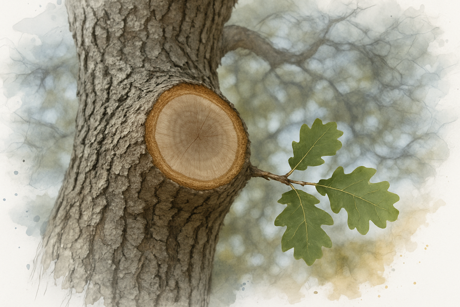 Healing pruning cut on a mature oak branch showing callus tissue forming around the wound collar