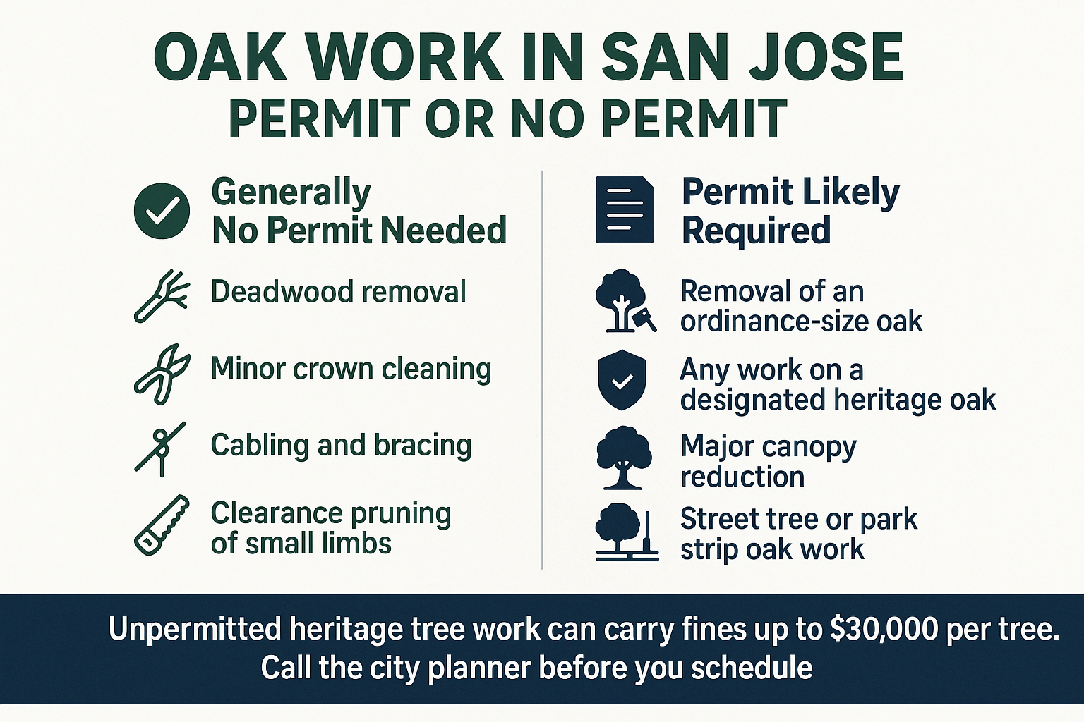 Infographic comparing oak tree work that needs a San Jose permit versus work that generally does not