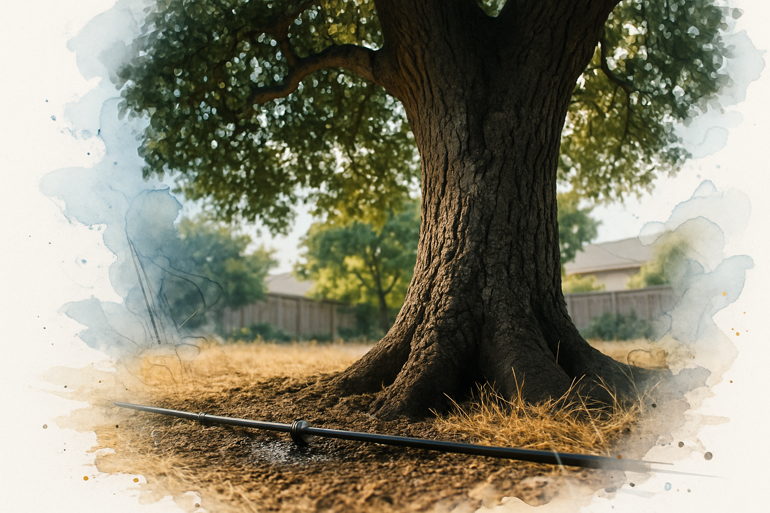 Drip irrigation line running close to the trunk base of a mature Coast Live Oak in a San Jose backyard